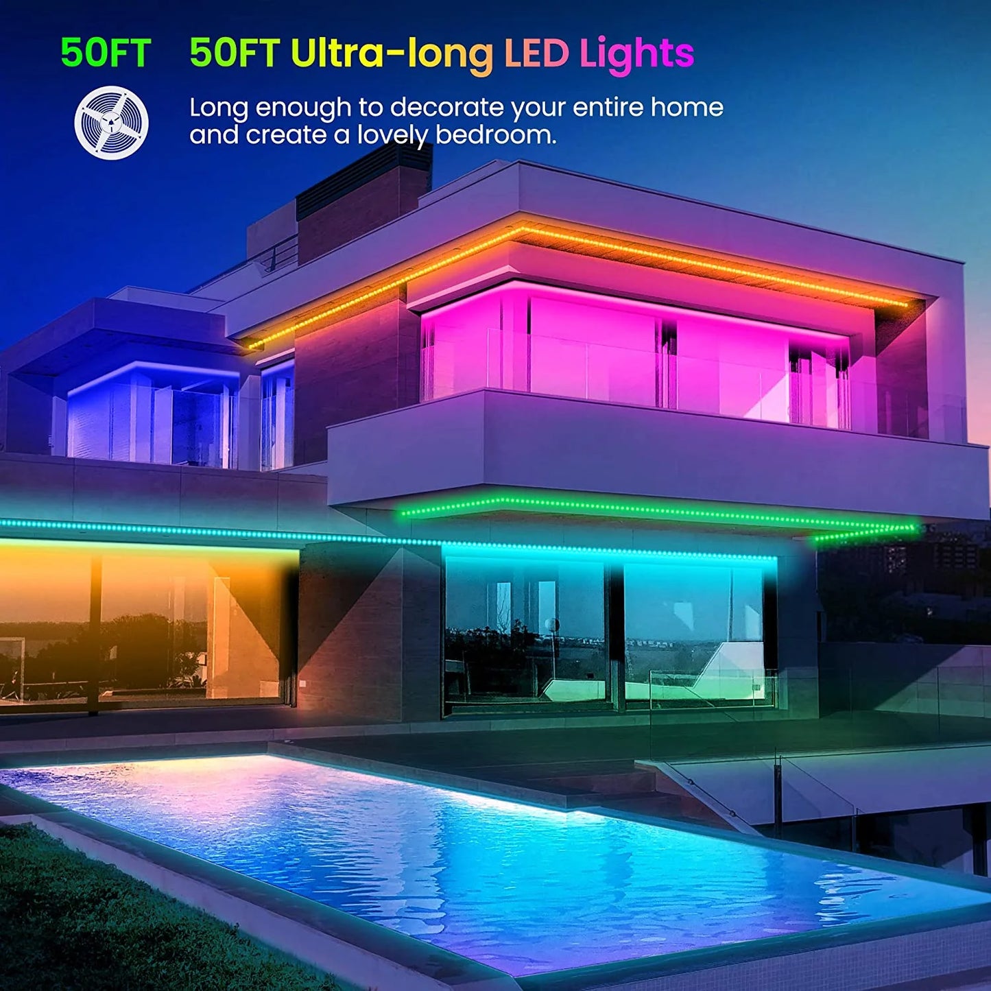 50 FT LED Strip Lights,Bluetooth LED Lights (App+Remote +Mic).